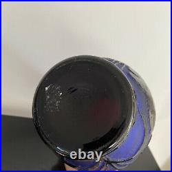 Superbe Vase pâte de verre bleu dégagé À L'Acide Orchidées Noires Art Déco 24 CM