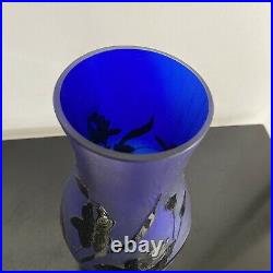 Superbe Vase pâte de verre bleu dégagé À L'Acide Orchidées Noires Art Déco 24 CM