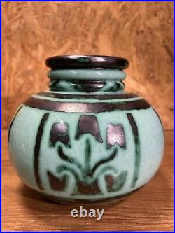 Superbe ancien vase art deco ceramique, 1930, décor floral géométrique, signé