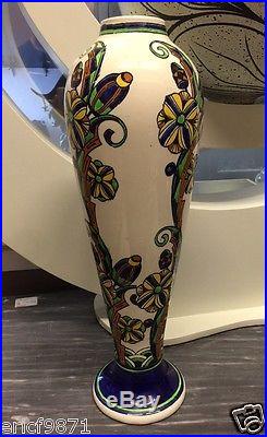 Superbe et important vase époque art deco peint a la main de décors floraux