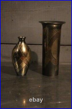 Superbe paire de vases art déco dinanderie de cuivre décor à motifs géométriques