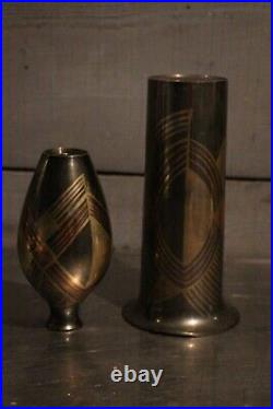 Superbe paire de vases art déco dinanderie de cuivre décor à motifs géométriques