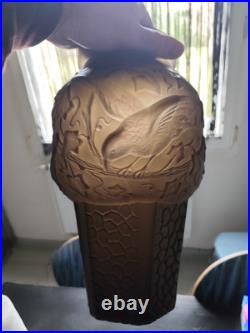 Superbe vase art déco verre fumé pressé moulé oiseau 30cm Goût Avesn