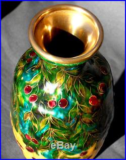 Superbe vase en emaux de Limoges 1920, cerises, era camille faure art-deco
