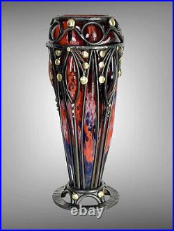Vase Art Deco Avec Monture Fer Forgé Signé E. Dubois Verrerie Daum Nancy