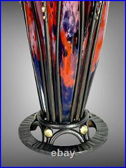 Vase Art Deco Avec Monture Fer Forgé Signé E. Dubois Verrerie Daum Nancy