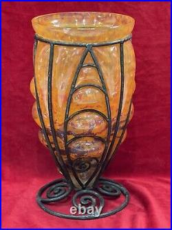 Vase Art Déco Pâte De Verre Fer Forge 1930 Lorrain Daum