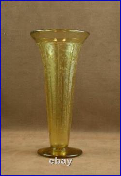 Vase Art Deco Verre Jaune Ambre Decor Degagé A L'acide Signé Verame