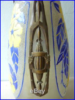 Vase Art Déco en verre granité, fleurs et étain, signé d'Argyl, années 20-30