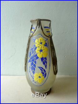 Vase Art Déco en verre granité, fleurs et étain, signé d'Argyl, années 20-30
