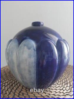 Vase Art Deco signé Saint Clement En Faïence Craquelée Camaïeu Bleu 1930 1950