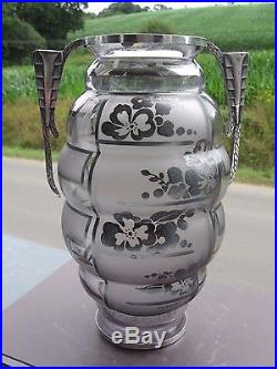 Vase Art Déco signé d'ARGYL Verre Violet Monture Argentée