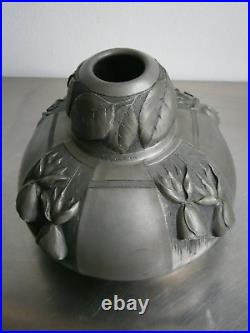 Vase Art déco Etain Métal 1930 A. Chézal Décor Coloquinte Roses Ancien