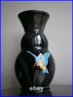 Vase Art déco Hem Verre noir décor Argenté 1930 Oiseau-mouche Ancien