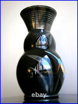 Vase Art déco Hem Verre noir décor Argenté 1930 Oiseau-mouche Ancien