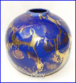 Vase Boule Art Deco N°13 Céramique Bleue Et Dorée Lucien Brisdoux (1878-1963)