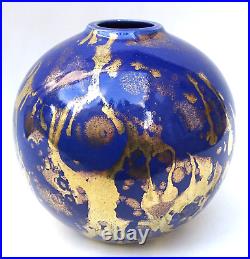 Vase Boule Art Deco N°13 Céramique Bleue Et Dorée Lucien Brisdoux (1878-1963)