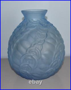 Vase Boule Verre Moulé Pressé Bleu Art Déco