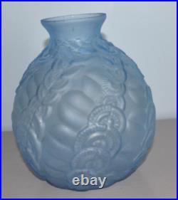 Vase Boule Verre Moulé Pressé Bleu Art Déco