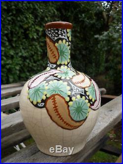 Vase Ceramique Art Deco Craquele Louis Dage Decor Floral 1930