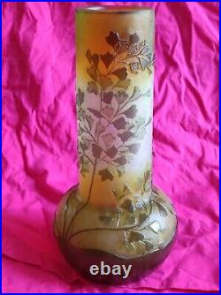 Vase Galle Signé Art Déco multicouche à décor Fleurs De Lotus verts