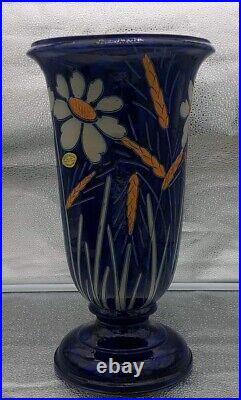 Vase Gres Bleu Betschdorf Schmitter Alsace H37,5 Art Deco Marguerite Epis De Ble