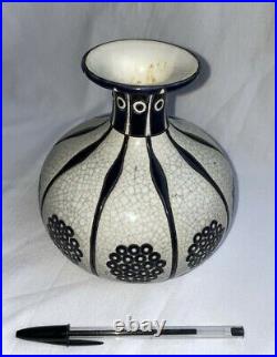 Vase PRIMAVERA, LONGWY, céramique émaillée, Art Déco, bleu marine et blanc