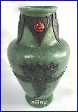 Vase Sarreguemines Rehausse D'etain Art Nouveau Art Deco Antique