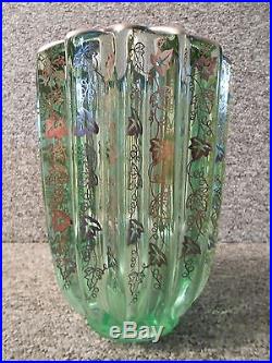 Vase Verre Vert Art Deco 1930 Incrustation D'argent Pierre D'avesn