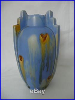Vase art déco céramique de thulin Belgique joli bleu grès Belgium ceramic 22 cm