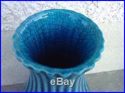 Vase blue crackle craquelé bleu chinese art deco pottery style deck