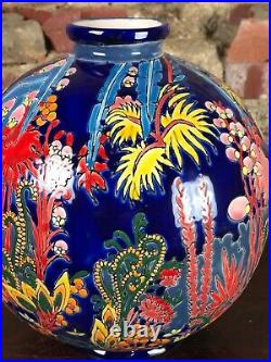 Vase boule de style Art Déco en faïence émaillé décor Jungle Diamètre 25 cm