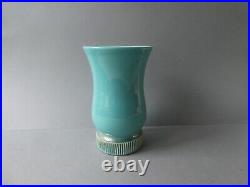 Vase cornet Art Deco, en céramique bleue turquoise et dorée, années 40