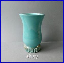 Vase cornet Art Deco, en céramique bleue turquoise et dorée, années 40