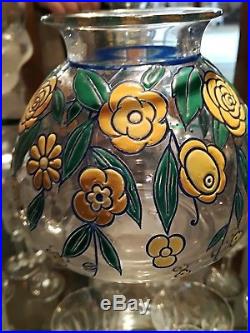 Vase émaillé de fleurs Baccarat signé G. Chevalier art déco