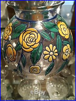 Vase émaillé de fleurs Baccarat signé G. Chevalier art déco