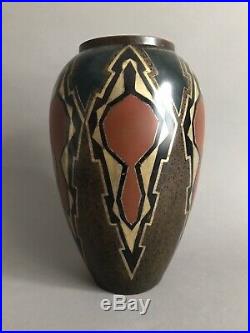 Vase en dinanderie de bronze polychrome décor géométrique Art déco 1930