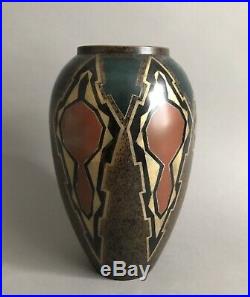 Vase en dinanderie de bronze polychrome décor géométrique Art déco 1930