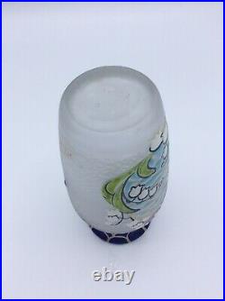 Vase en verre givré à l'acide émaillé décor floral muguet signé Legras Art Déco