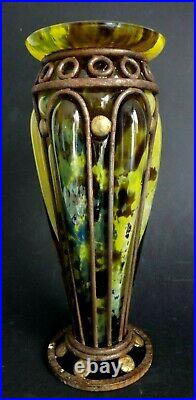 Vase en verre soufflé fer forgé André Delatte Nancy Old Art déco glass no Daum
