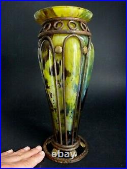 Vase en verre soufflé fer forgé André Delatte Nancy Old Art déco glass no Daum