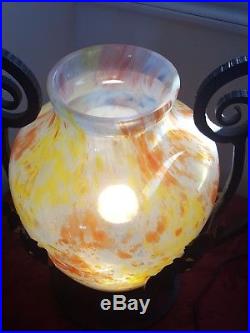 Vase lampe pate de verre monture fer forgé Art déco Erra Muller Brandt haut 32cm