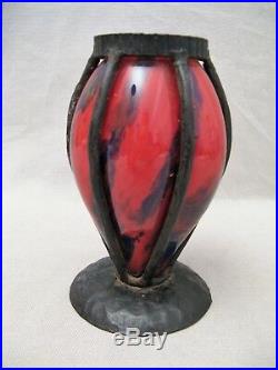 Vase signé A. Delatte Nancy en pâte de verre et fer forgé époque art déco