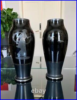 Vases Art Déco signés Hem Paire vases en Verre Noir Décoration Moderne 1930